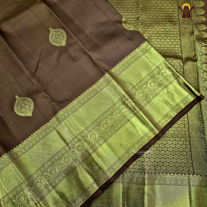 A sophisticated Antique Copper Brown / Golden Tan shade, beautifully enhanced with rich gold zari Saree