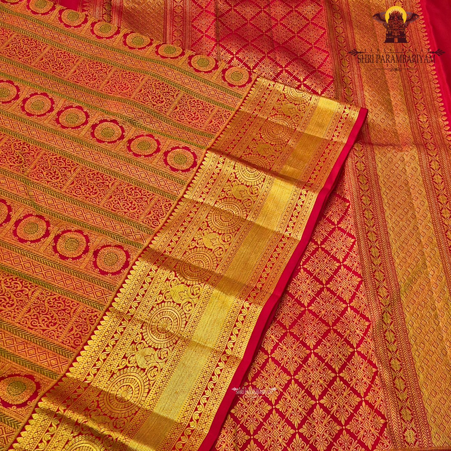Rich bridal red with lustrous antique gold zari work Saree