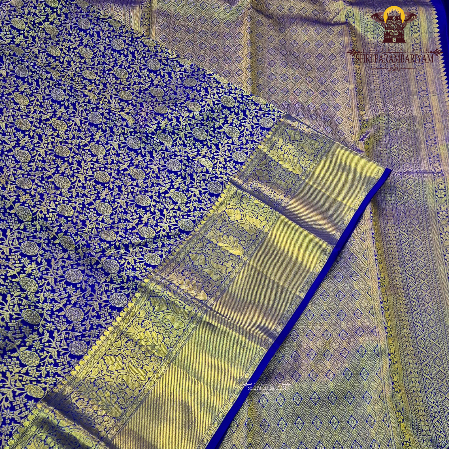 Rich royal blue (deep cobalt blue) body with gold zari work Saree