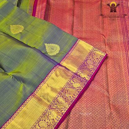 A subtle dual-tone olive green with a hint of gold sheen, paired with a contrast Saree