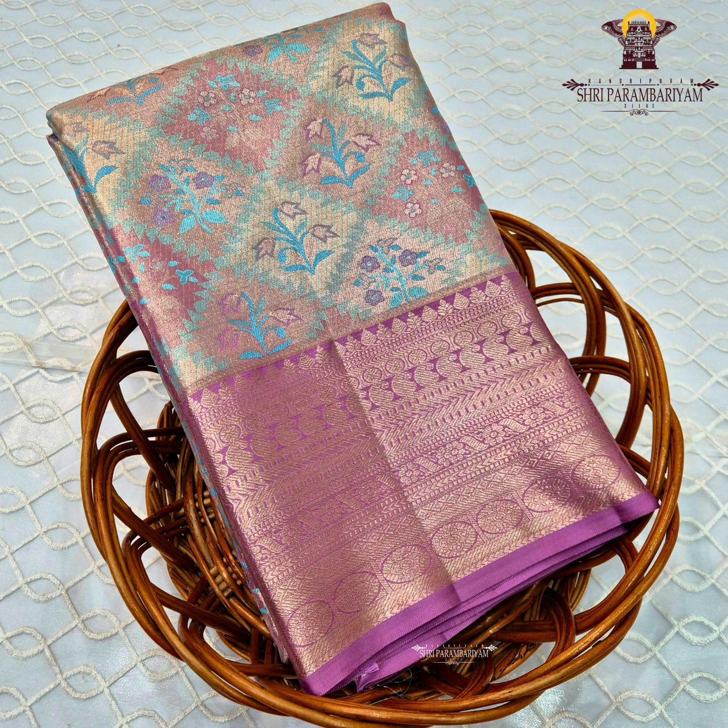 Pastel Rose Gold with Aqua Blue and Lavender accents Saree