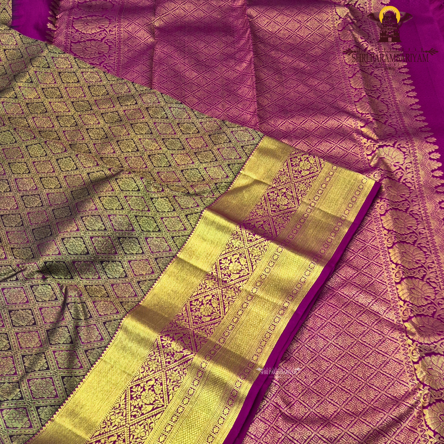 Rich rani pink (magenta) base with an opulent antique gold zari weave Saree