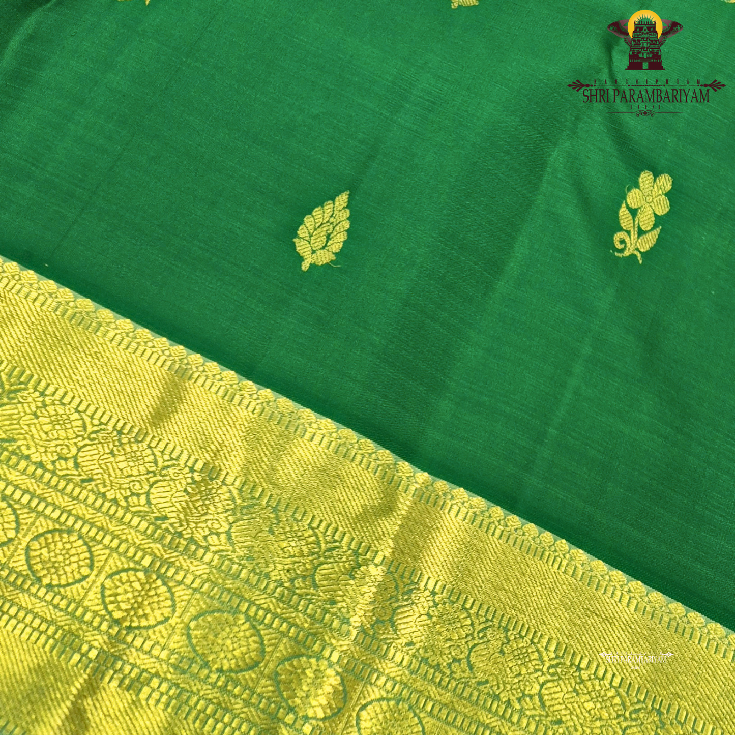 A rich emerald green body paired with a self-toned light green border enhanced Saree