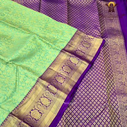 A refreshing pastel mint green body paired with a rich royal purple Saree