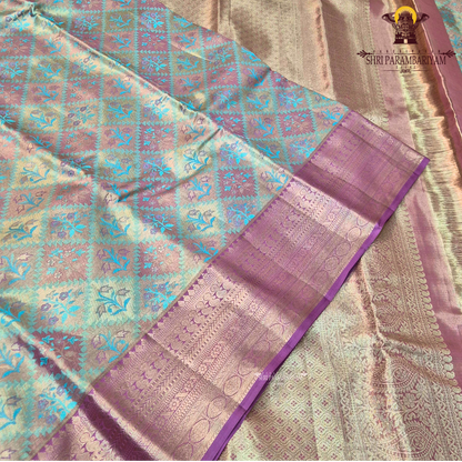 Pastel Rose Gold with Aqua Blue and Lavender accents Saree
