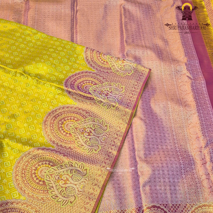 A vibrant parrot yellow / lime yellow tissue base paired with a rich magenta-pink Saree