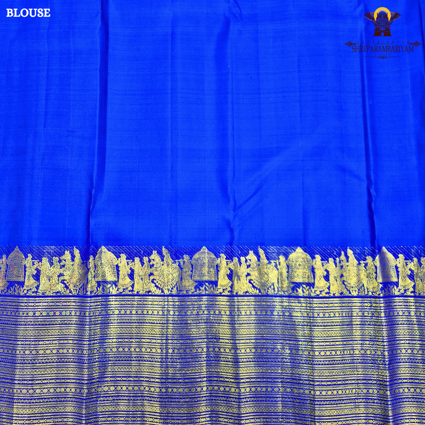 A vibrant royal blue body adorned with elegant gold zari Saree