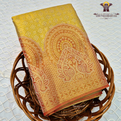 A bright mustard yellow / turmeric yellow tissue base paired with a rich rust orange Saree