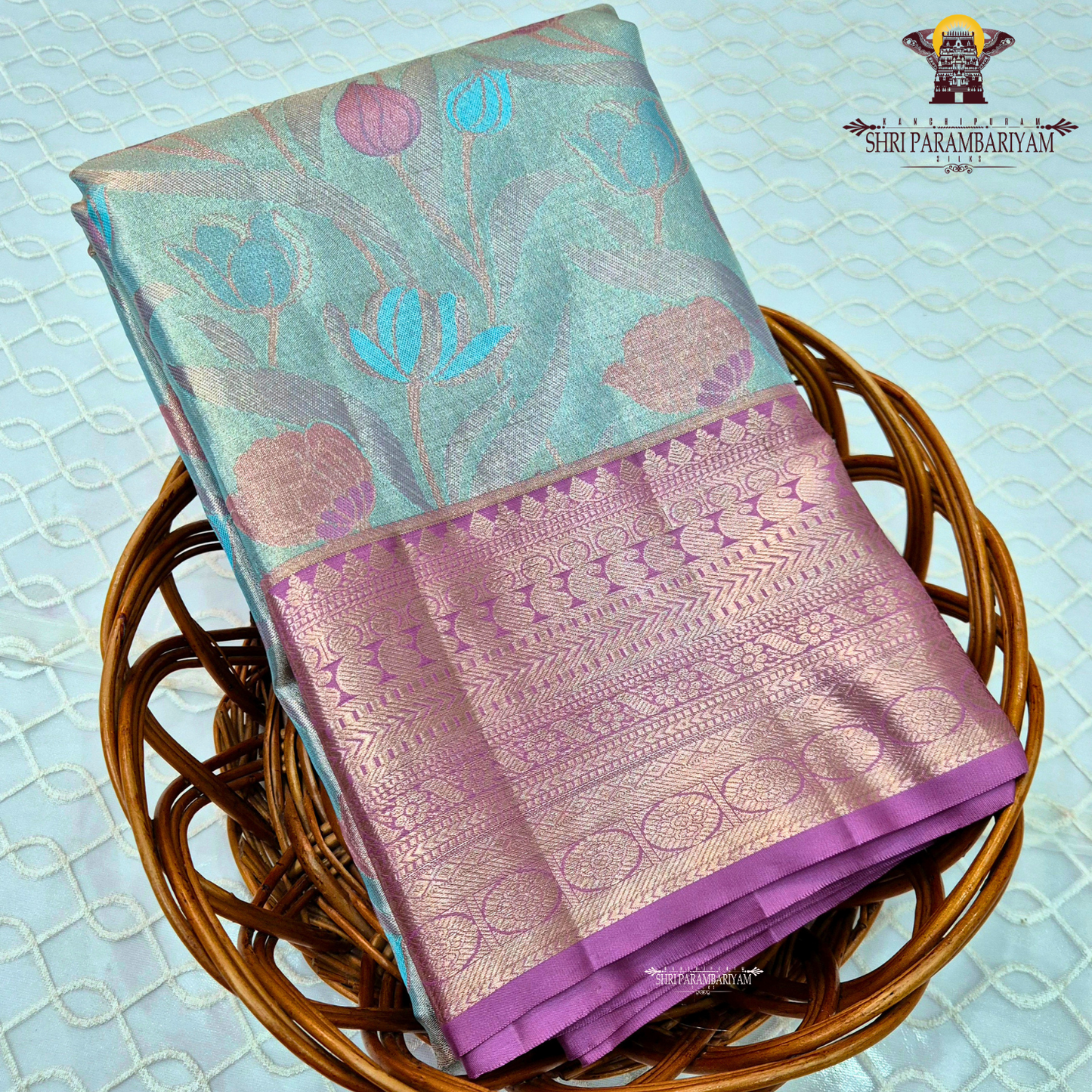 Aqua Blue / Sea Green with Mauve-Purple Border Saree