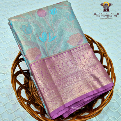 Aqua Blue / Sea Green with Mauve-Purple Border Saree