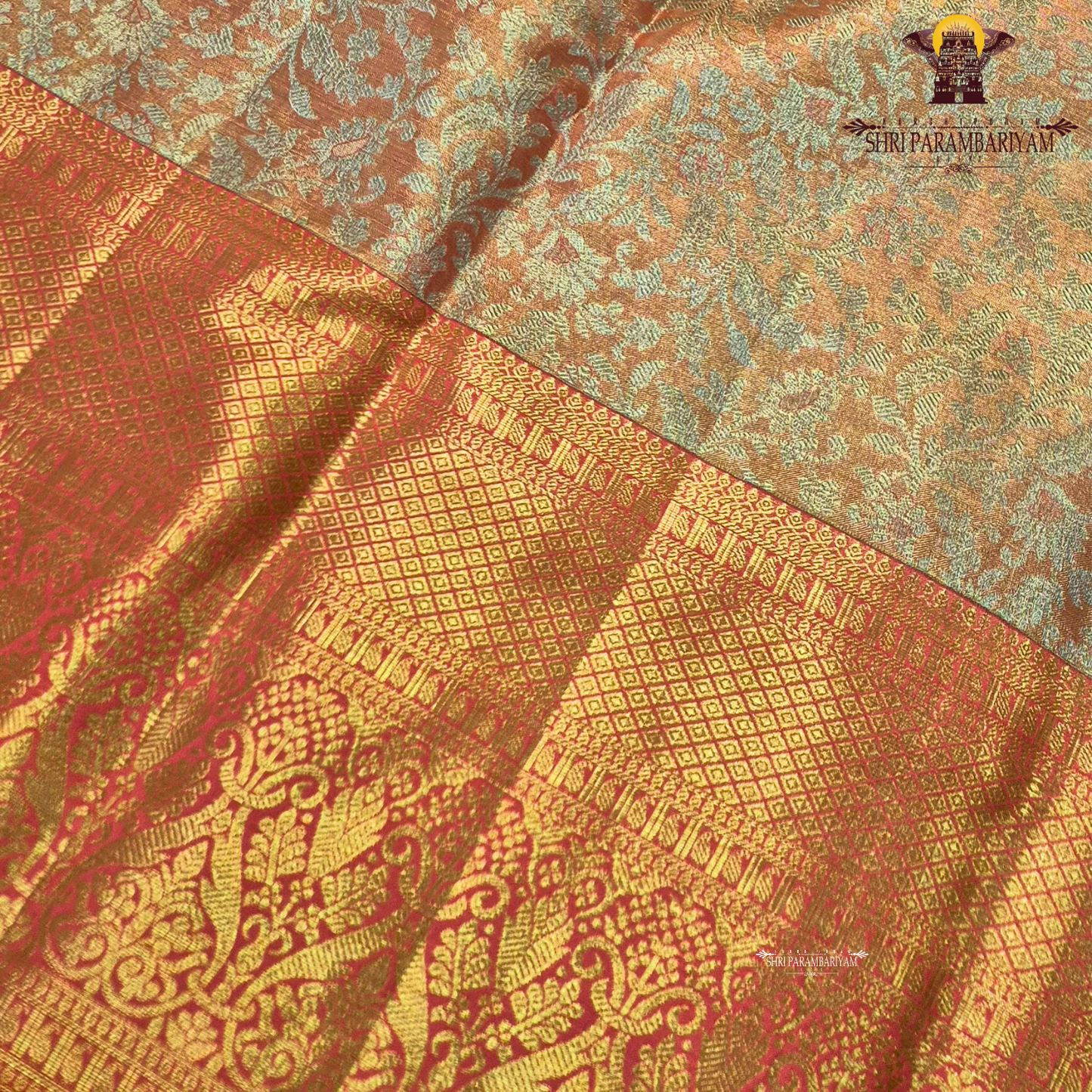 A beautiful peach gold body with a soft shimmering finish Saree