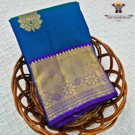 A beautiful dual-tone teal blue with hints of green, complemented by a contrast Saree