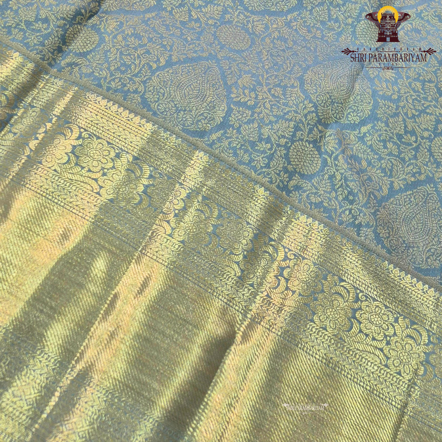 Elegant pastel blue / muted sky blue with rich gold zari Saree
