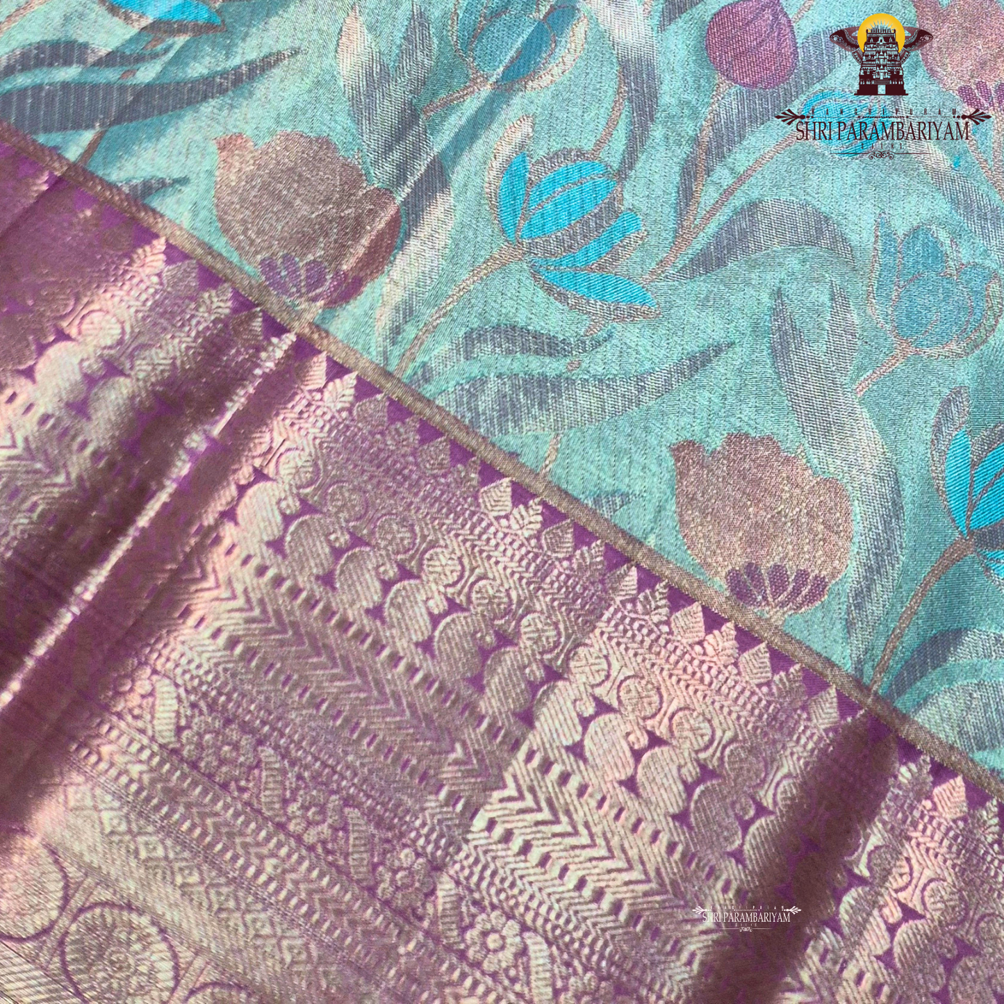 Aqua Blue / Sea Green with Mauve-Purple Border Saree