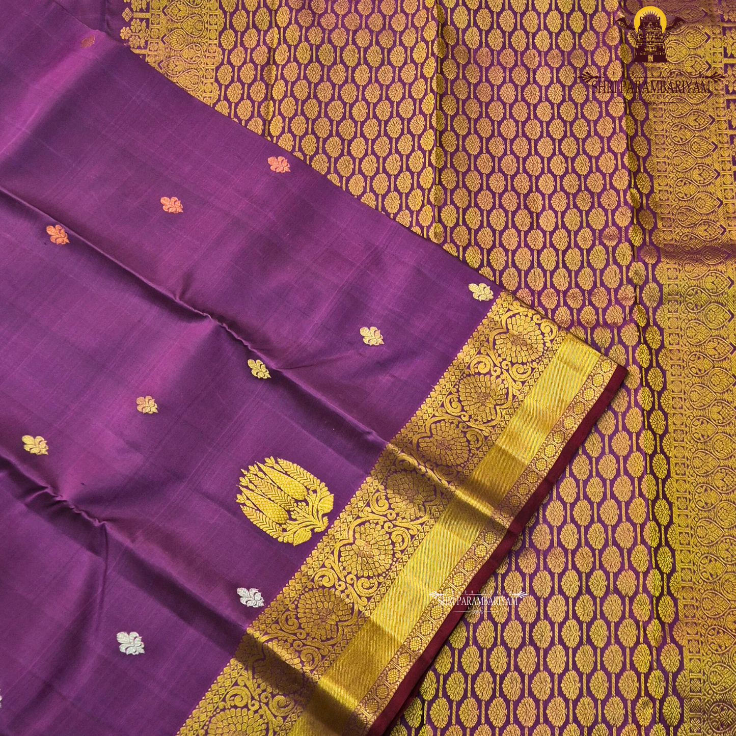 Royal violet (deep purple shade) with a rich antique gold zari border Saree