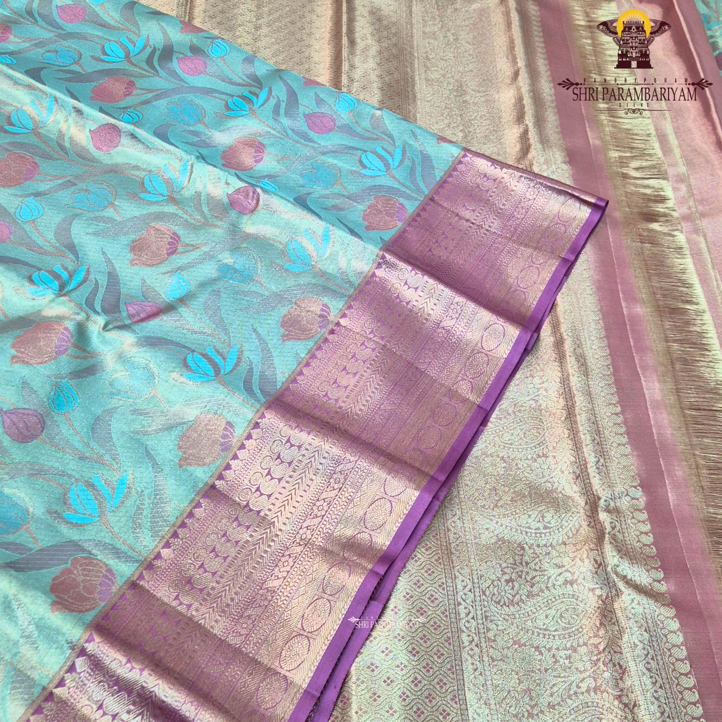 Aqua Blue / Sea Green with Mauve-Purple Border Saree