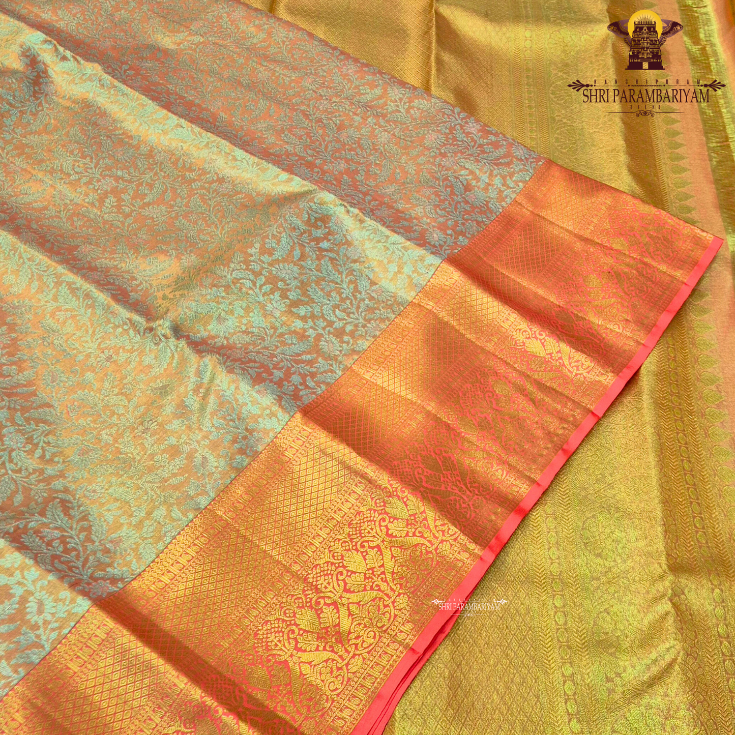 A beautiful peach gold body with a soft shimmering finish Saree