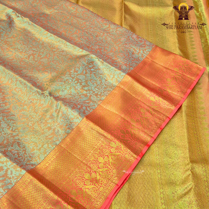 A beautiful peach gold body with a soft shimmering finish Saree