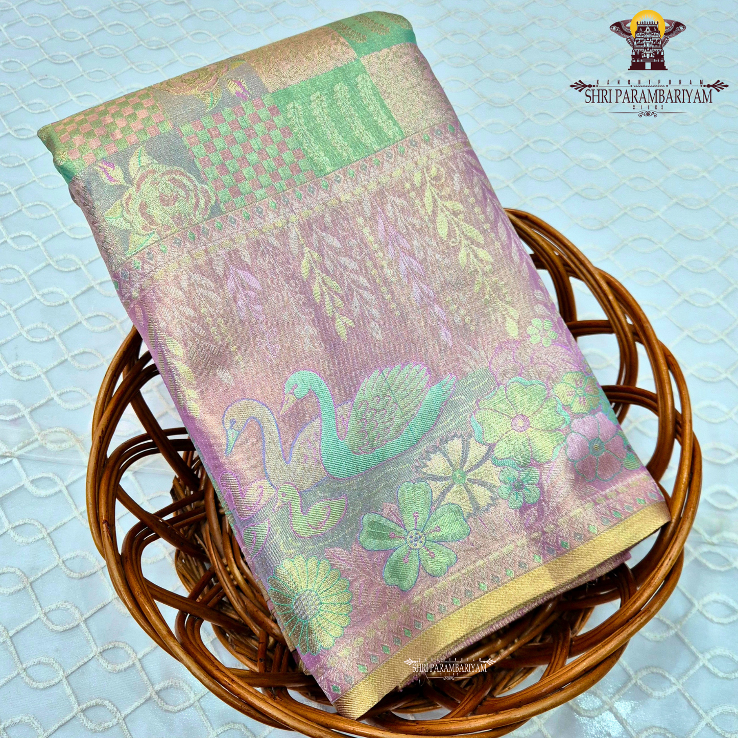 Pastel Pinkish Mauve with Mint Green and Soft Gold Accents Saree