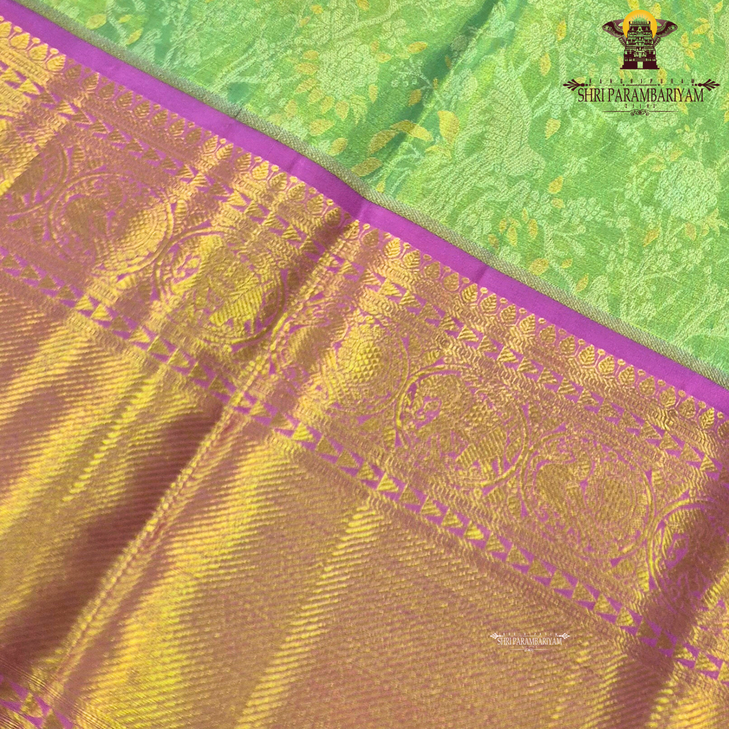 A refreshing leaf green (tissue body) paired with a vibrant magenta/pink border Saree