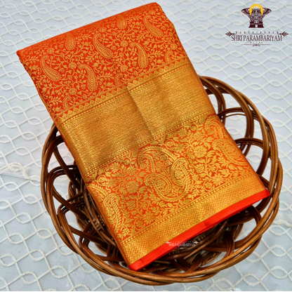 Bright vermilion orange / reddish orange with rich gold zari Saree