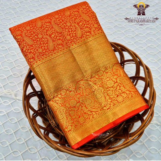 Bright vermilion orange / reddish orange with rich gold zari Saree
