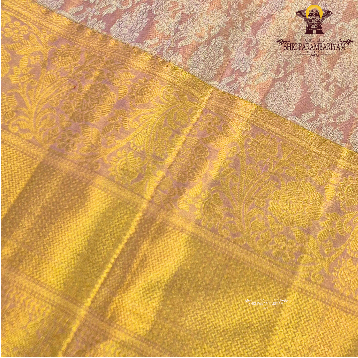 A soft and elegant peachy pink (tissue body) complemented Saree