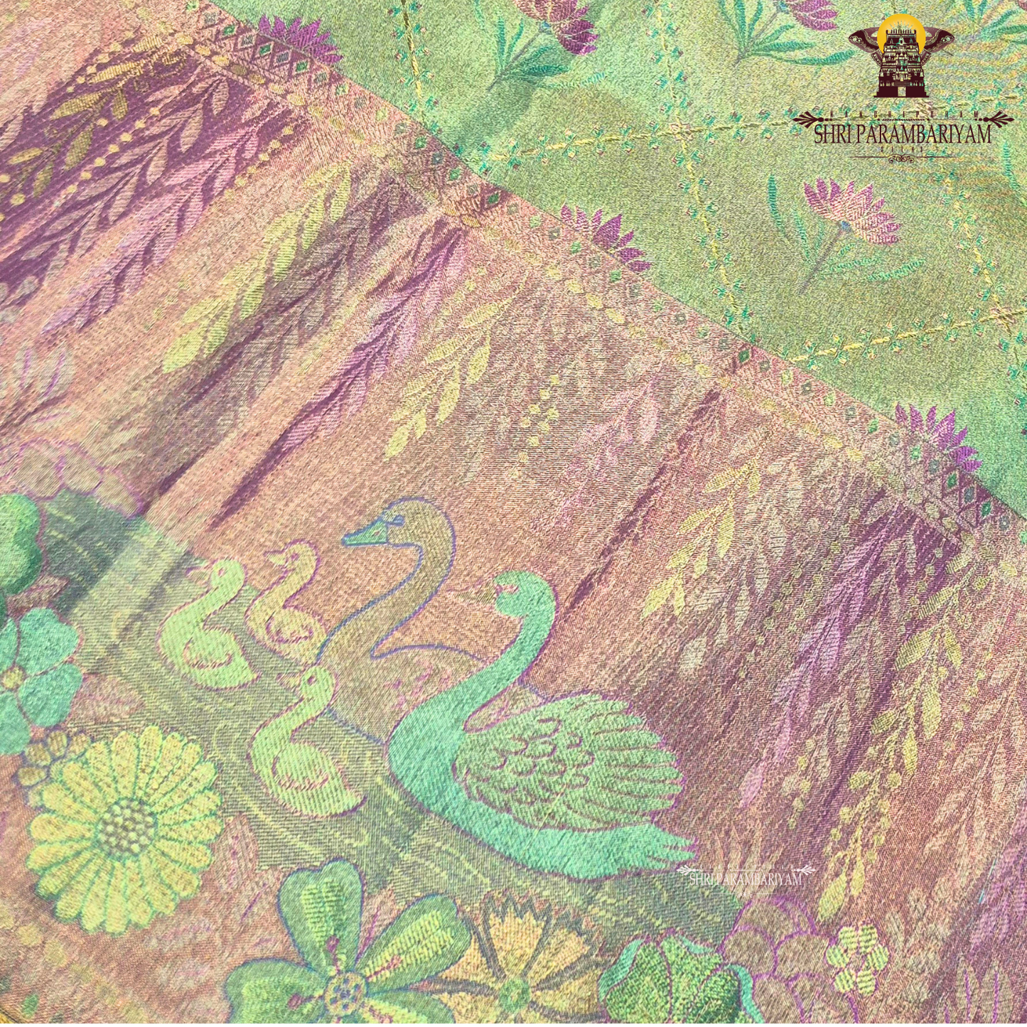 A beautiful dual-tone blend of pastel pista green and soft lavender pink Saree
