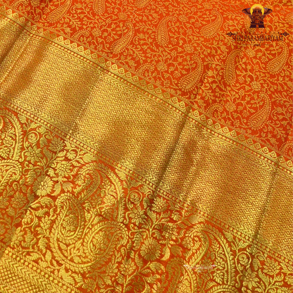 Bright vermilion orange / reddish orange with rich gold zari Saree
