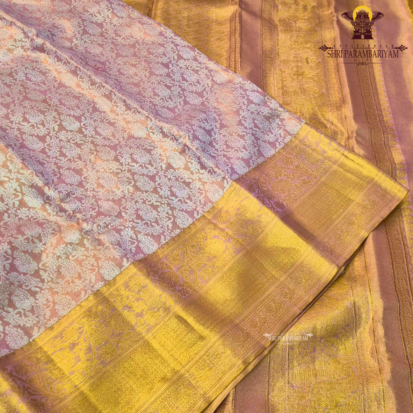 A soft and elegant peachy pink (tissue body) complemented Saree
