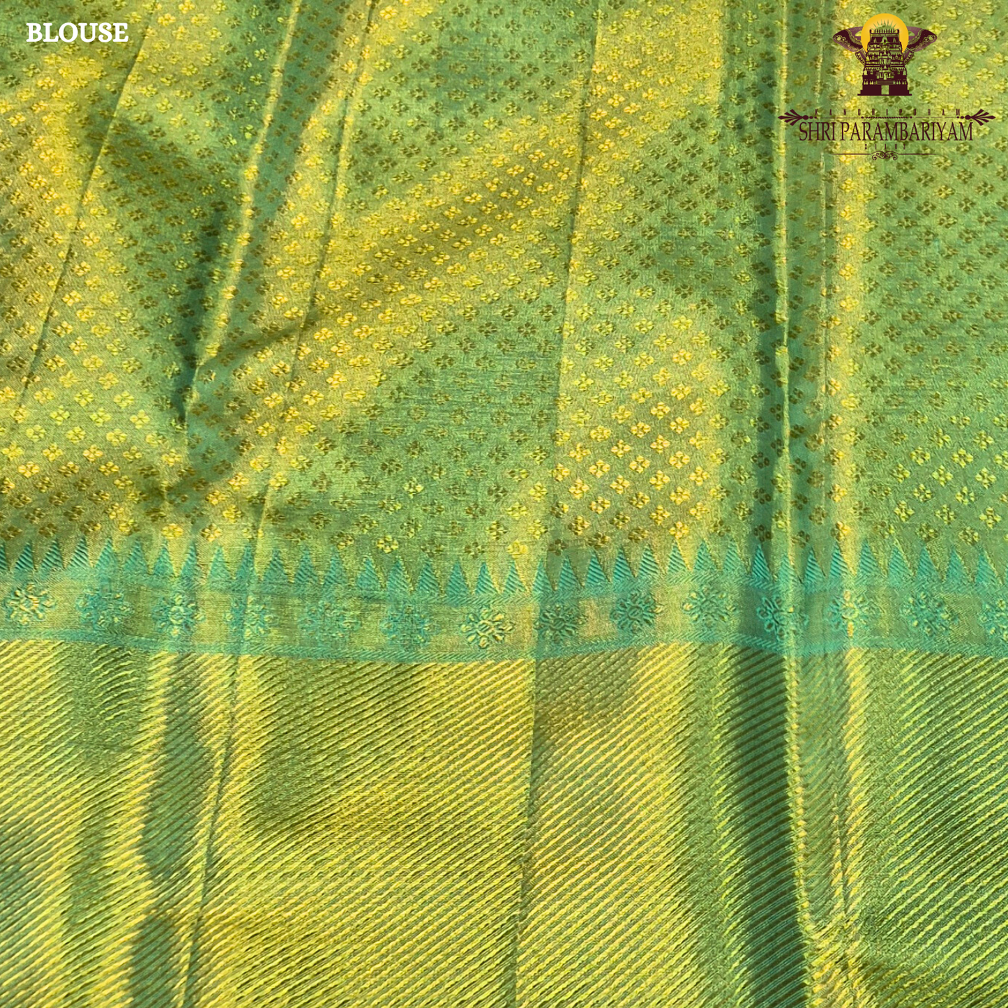 A refreshing leaf green shade blended with a luminous golden tissue finish Saree