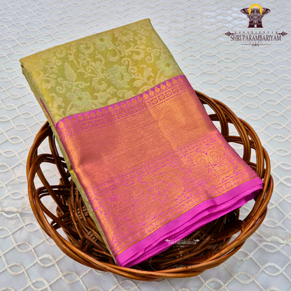 A light pista green (tissue body) paired with a vibrant rani pink border Saree