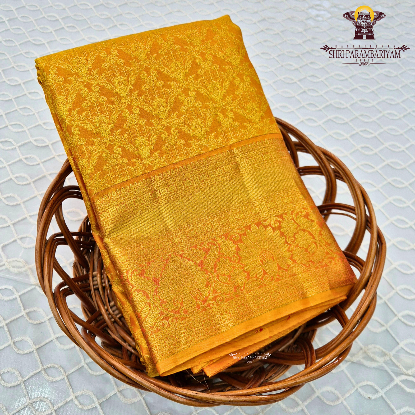 Deep marigold yellow / mustard yellow with rich gold zari Saree