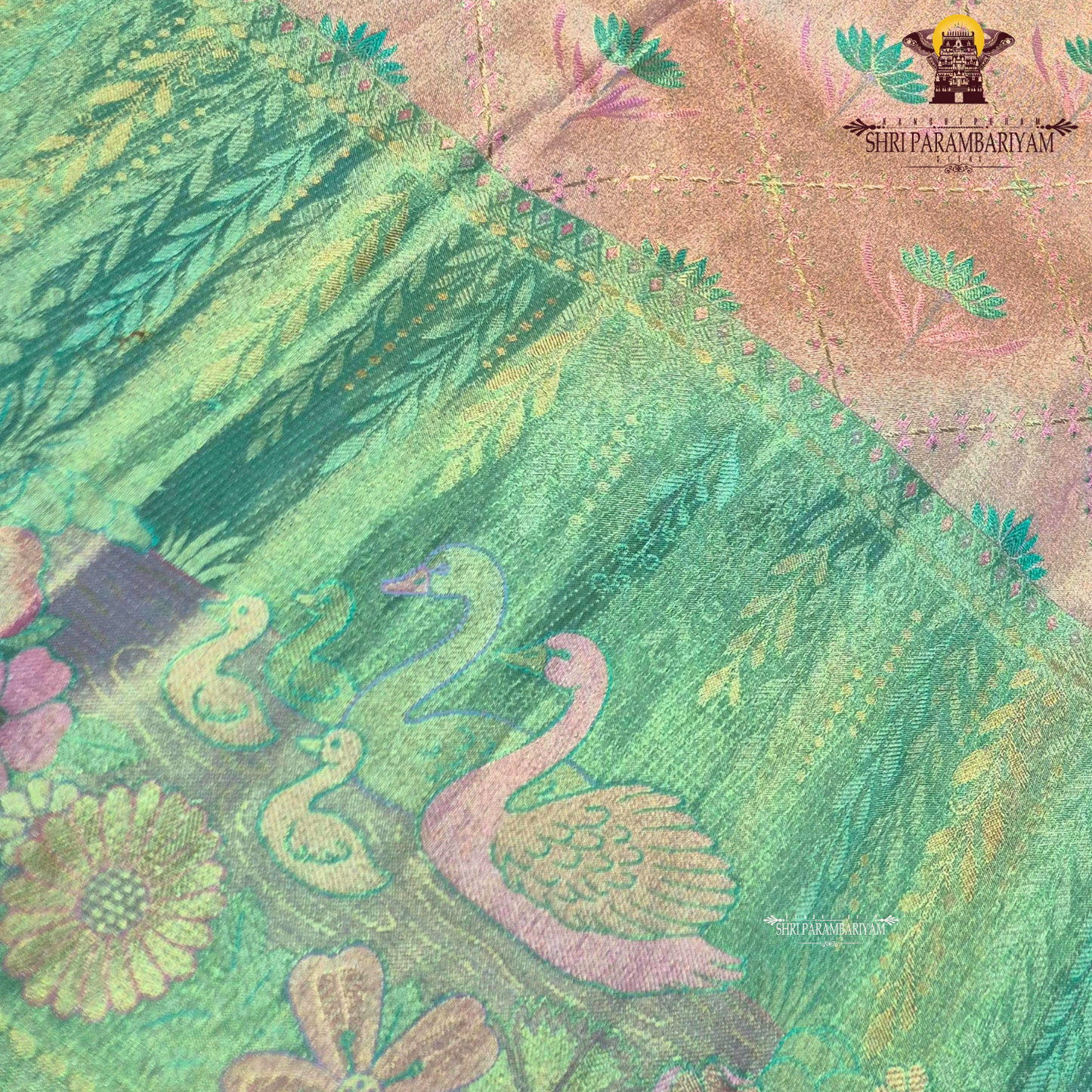 An elegant dual-tone combination of pastel peach and refreshing mint green Saree