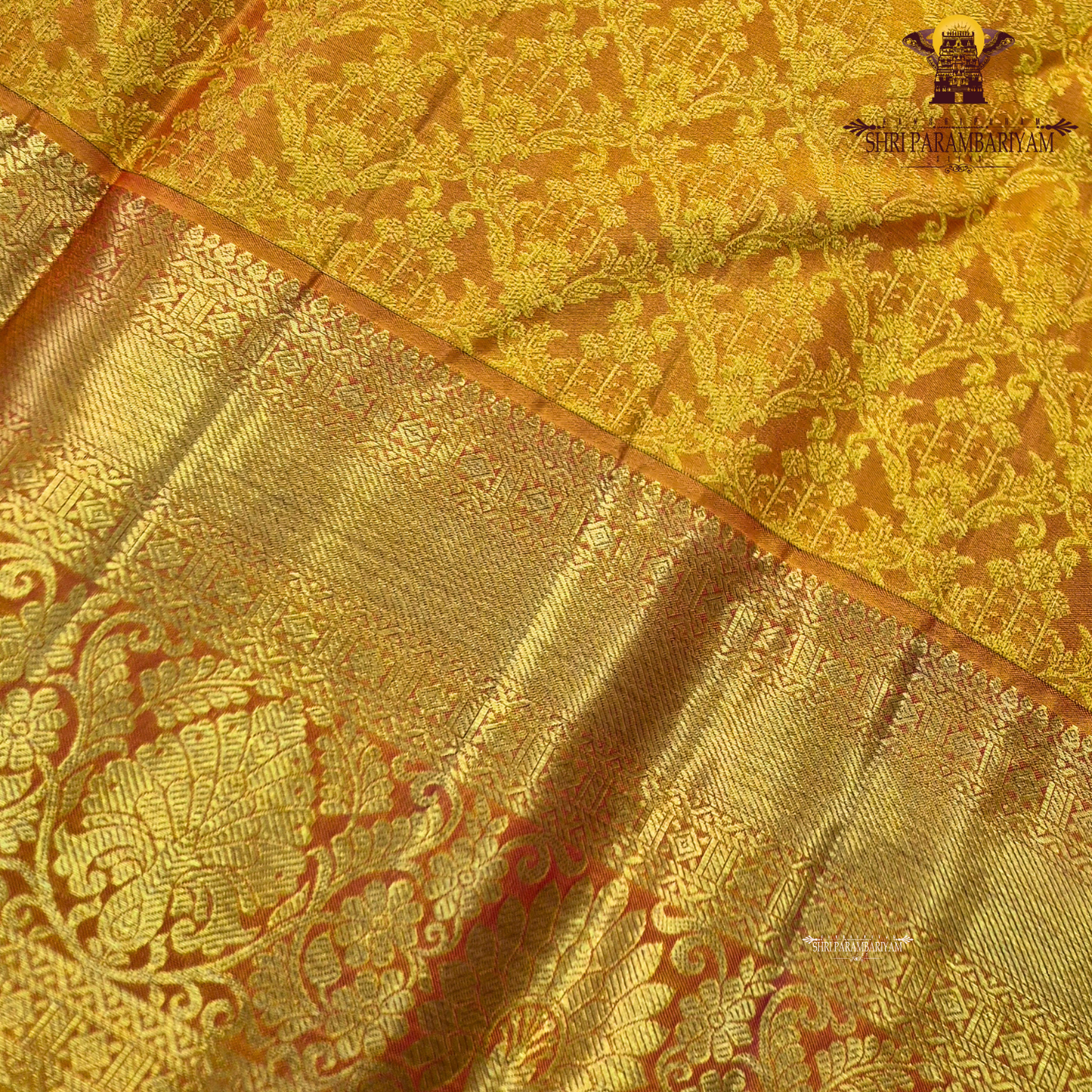 Deep marigold yellow / mustard yellow with rich gold zari Saree