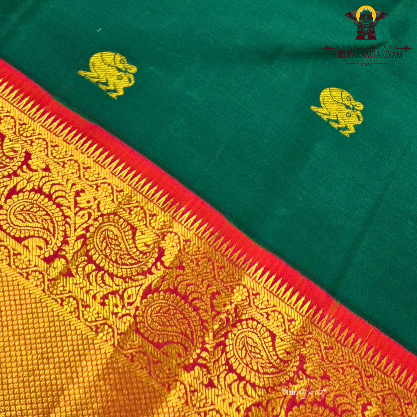 A traditional bottle green silk saree beautifully enhanced with pure gold zari weaving Saree