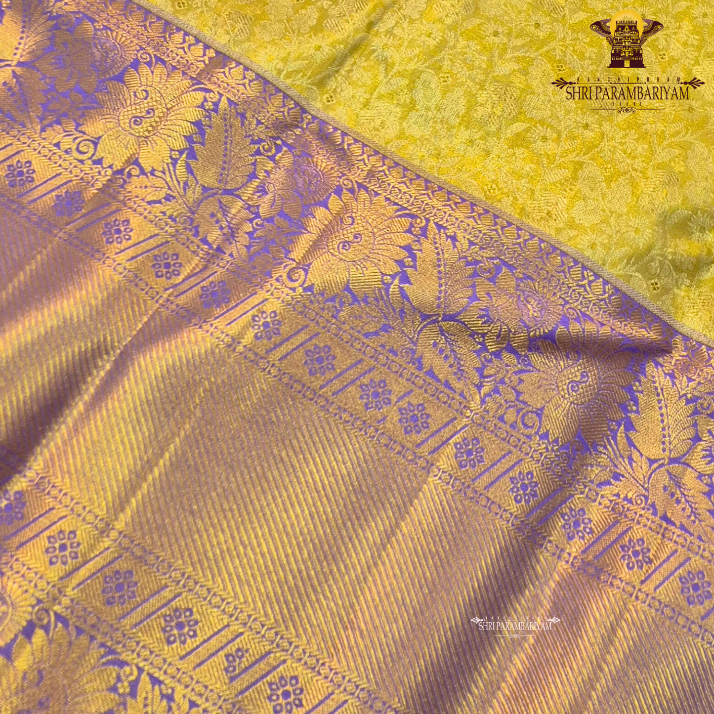 A rich combination of royal purple (violet) body with antique gold tissue Saree
