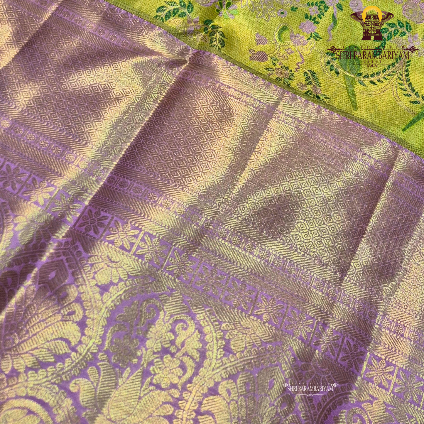 A vibrant and eye-catching combination of parrot green and rich lavender pink Saree