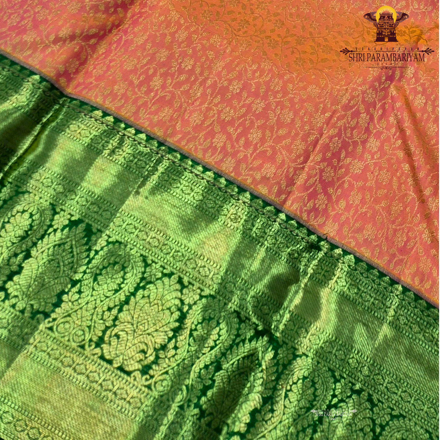 A beautiful peachy coral orange body with intricate gold zari Saree