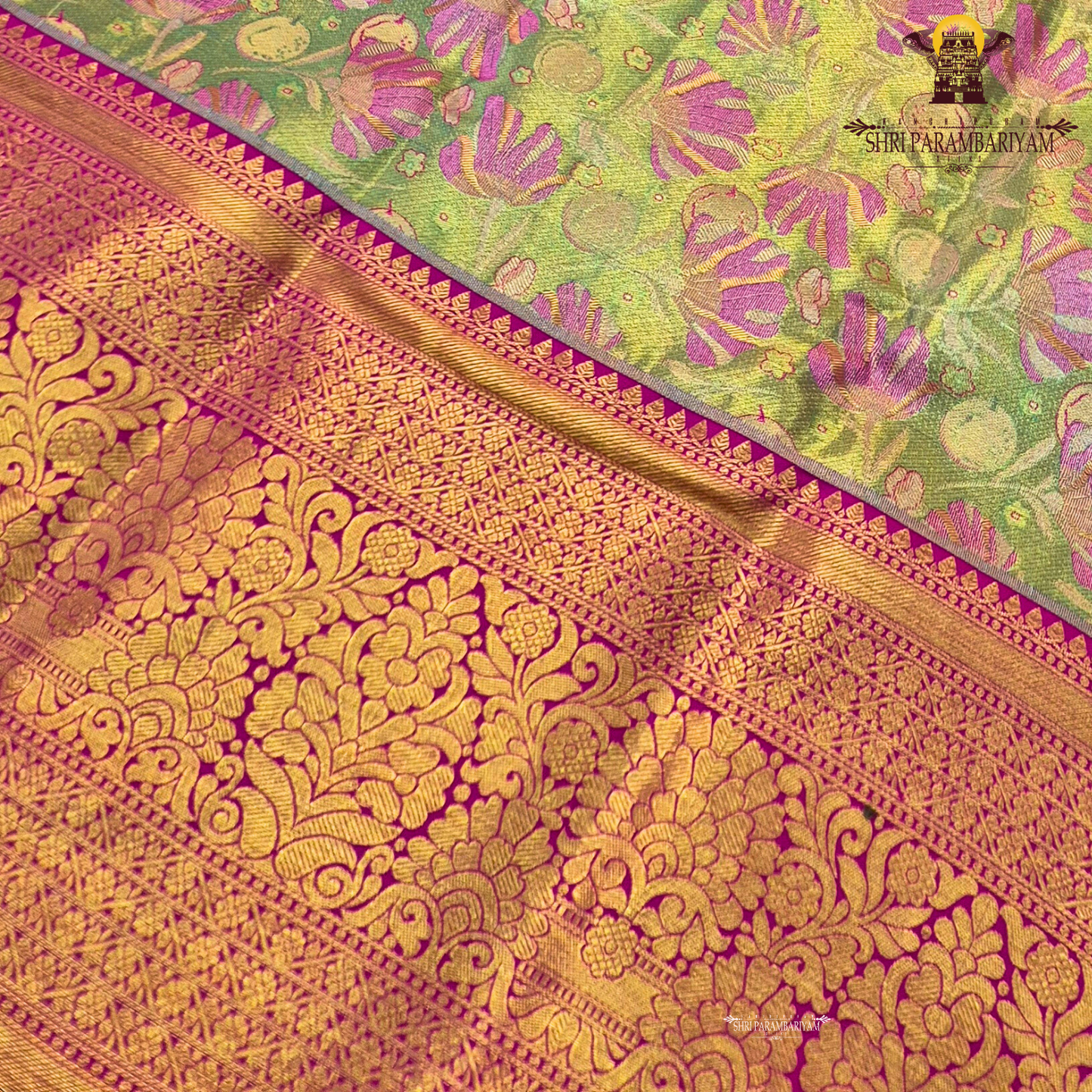 A beautiful parrot green / light leaf green body paired with a striking rani pink border Saree