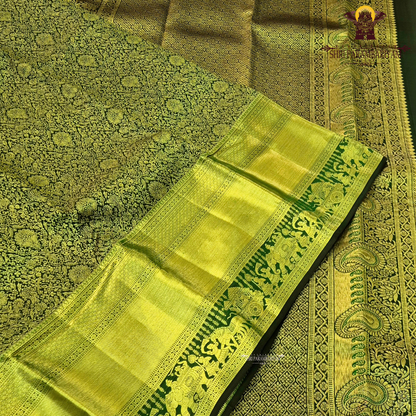 A rich dual-tone combination of olive green and antique gold Saree