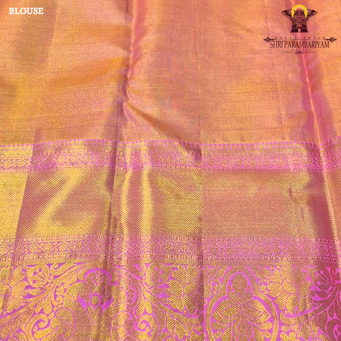 A beautiful peach gold body that shines with a luxurious tissue finish Saree