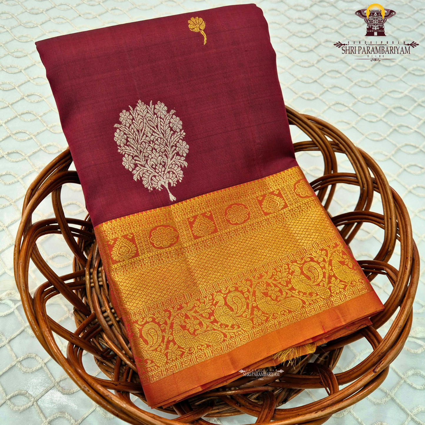 Deep Maroon / Wine Red with Rich Gold & Rust Orange Zari Border Saree