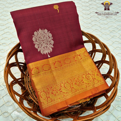 Deep Maroon / Wine Red with Rich Gold & Rust Orange Zari Border Saree