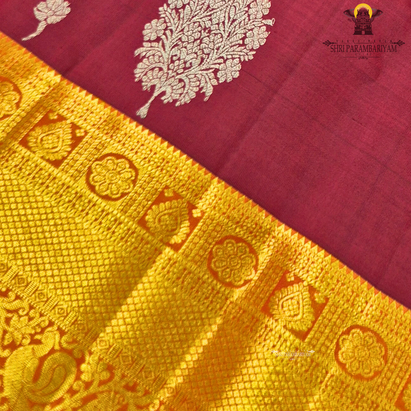 Deep Maroon / Wine Red with Rich Gold & Rust Orange Zari Border Saree