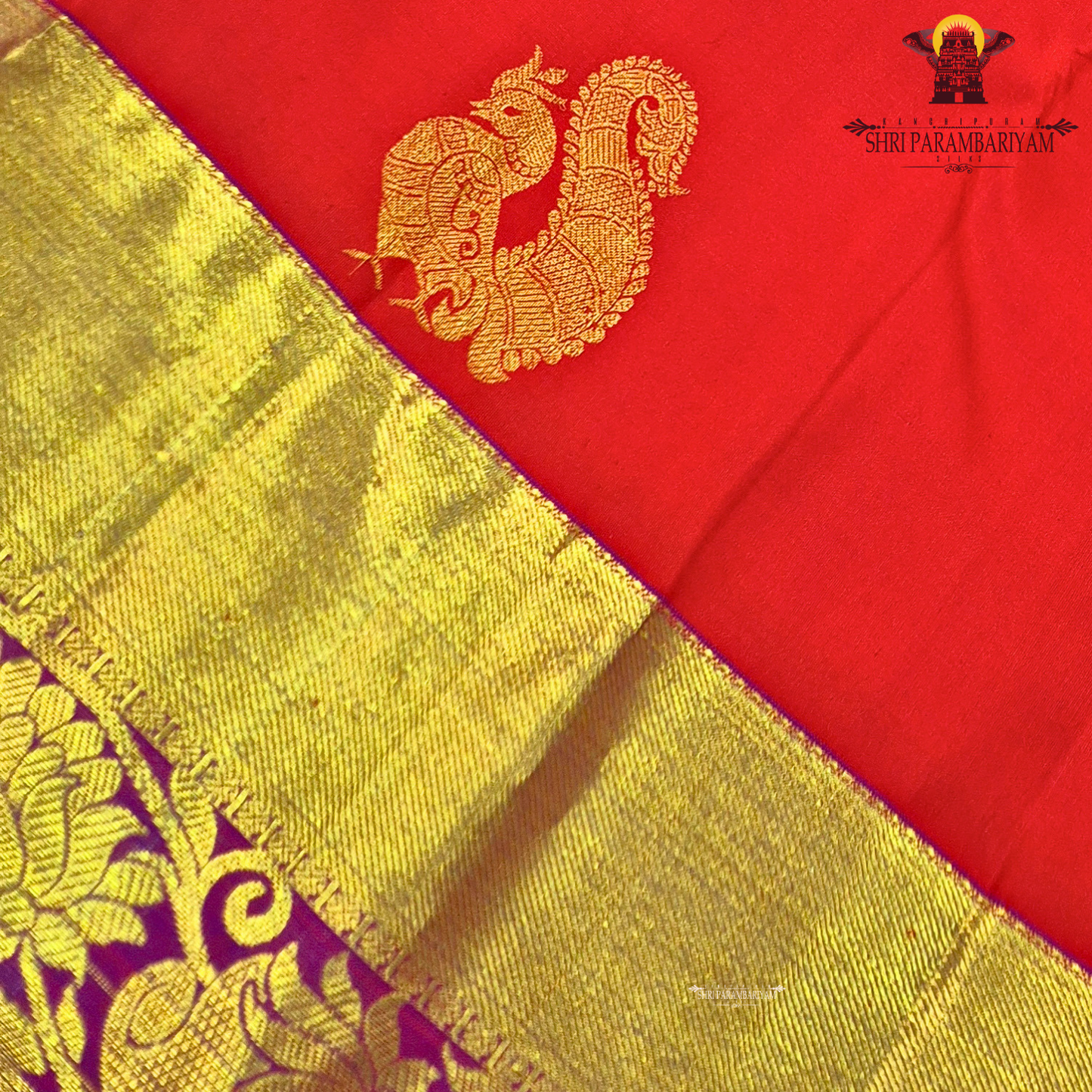 A vibrant red with rich gold zari border and contrast purple edging Saree