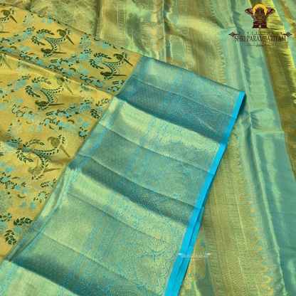 A refreshing combination of aqua blue (turquoise) and antique gold Saree