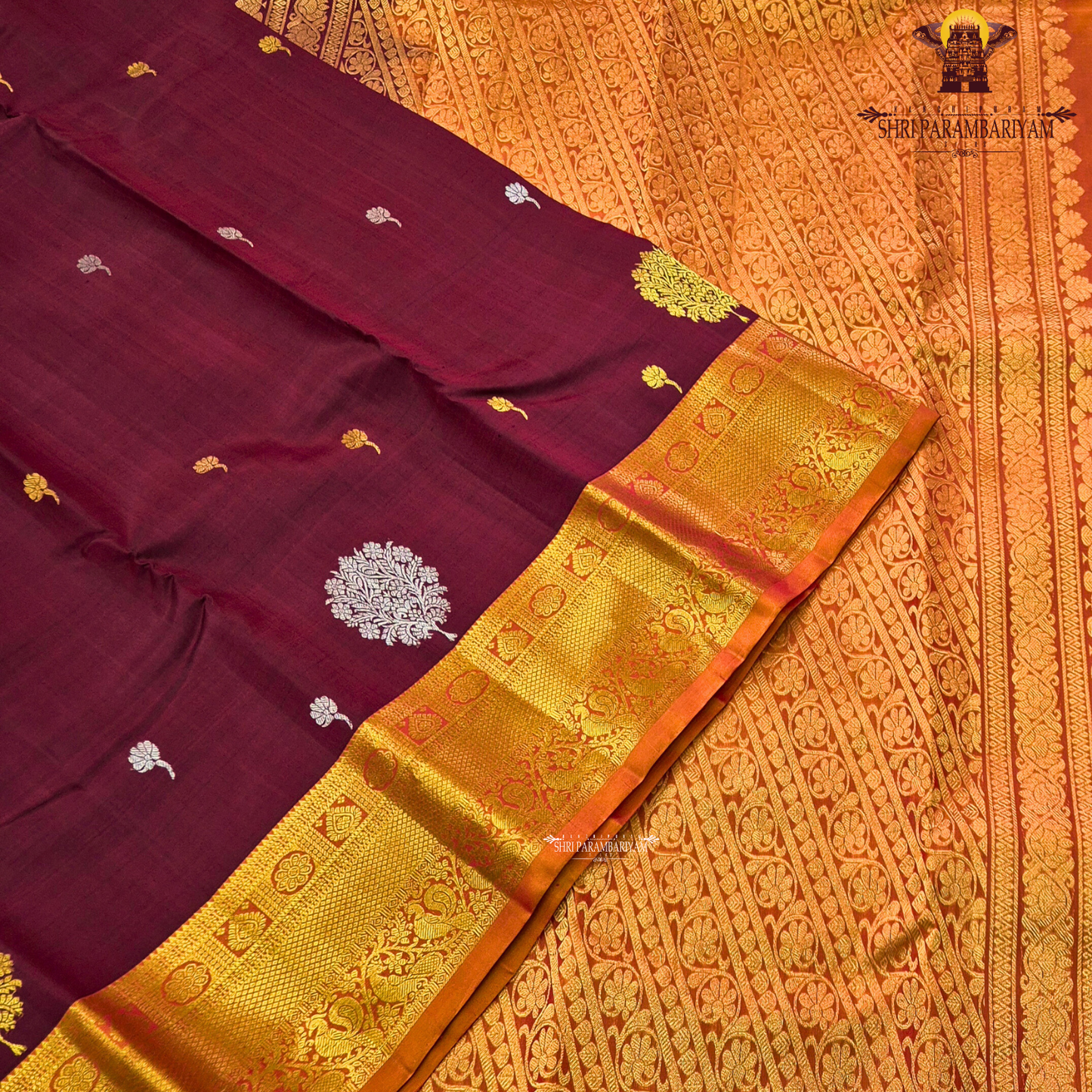 Deep Maroon / Wine Red with Rich Gold & Rust Orange Zari Border Saree