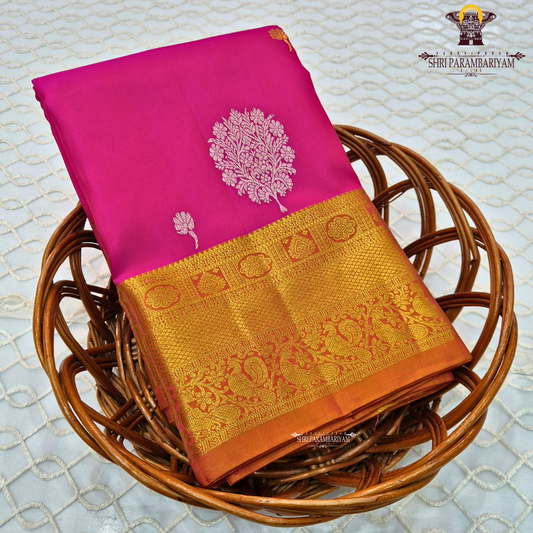 Bright Rani Pink with Rich Gold Zari & Rust Orange Border Saree