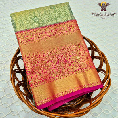 A refreshing pastel pista green body with a subtle sheen Saree